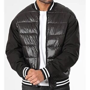 Jack And‎ Jones Mens L CoBlack Bomber Jacket Black puffer Zip Up White Striped